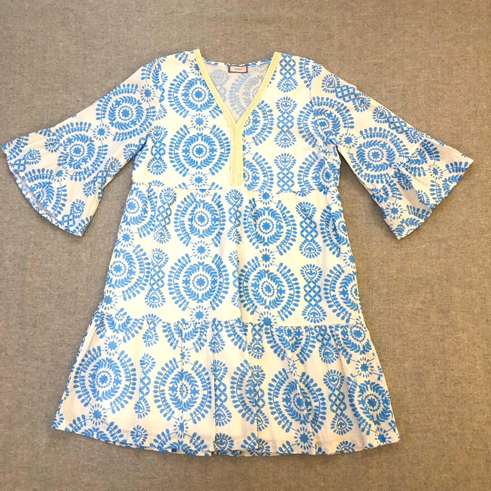NWOT Saiph Lab Boho Cotton Dress Cornflower Blue Made in Italy size XL